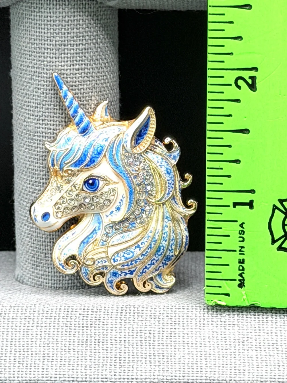 Unicorn Brooch Blue & White w/Rhinestones